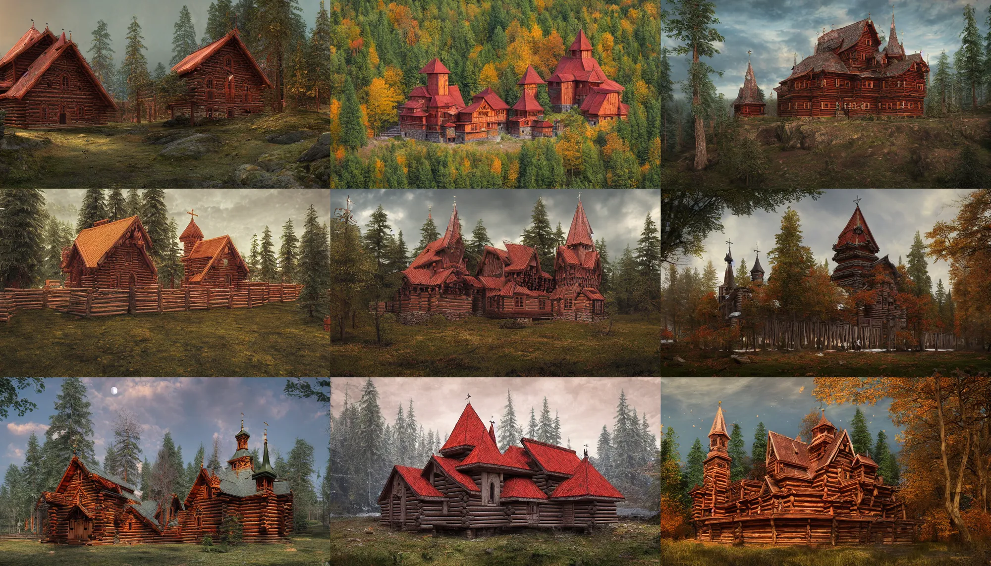 Prompt: tall ancient castle enclosed palisaded, with christian wooden churches and domes on them, log houses built in the red forest, slavic, russian, slovenian, tartarian architecture, contrasting, photo - realistic, hyper - detailed, artstation, cgsociety, 8 k