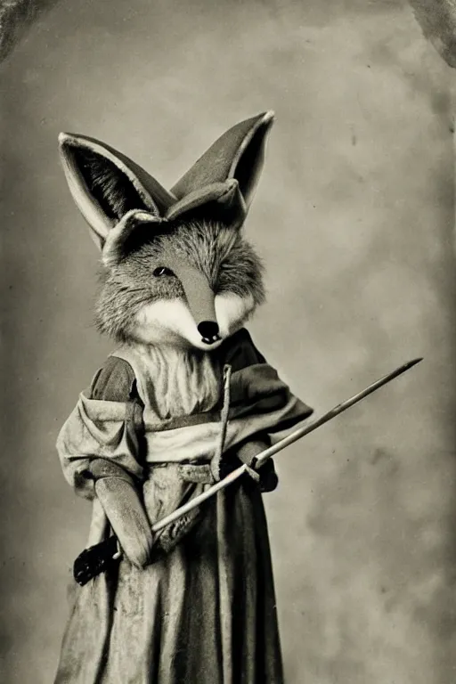 Image similar to a wet plate photo of an anthropomorphic fox vixen as maid marian from robin hood