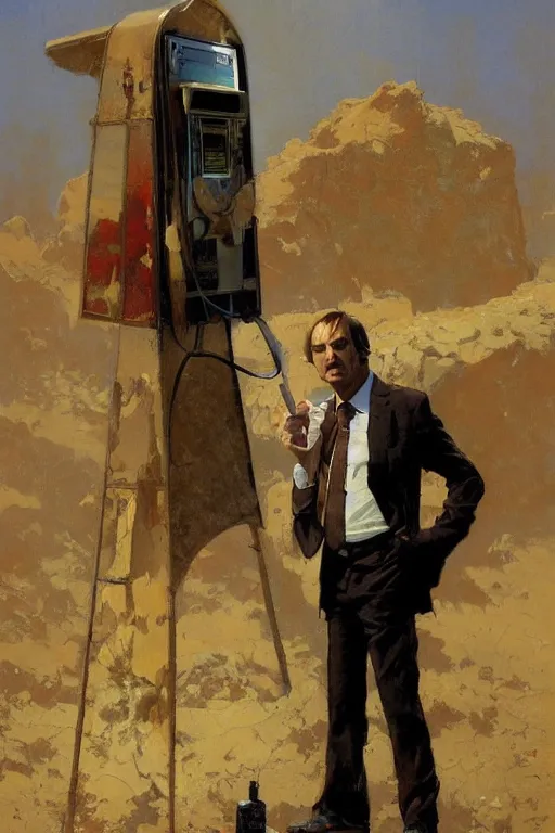 Image similar to saul goodman at a lonely!!!! pay phone in the desert!!!!, painting by'phil hale '!!! gaston bussiere, craig mullins, greg rutkowski, alphonse mucha,