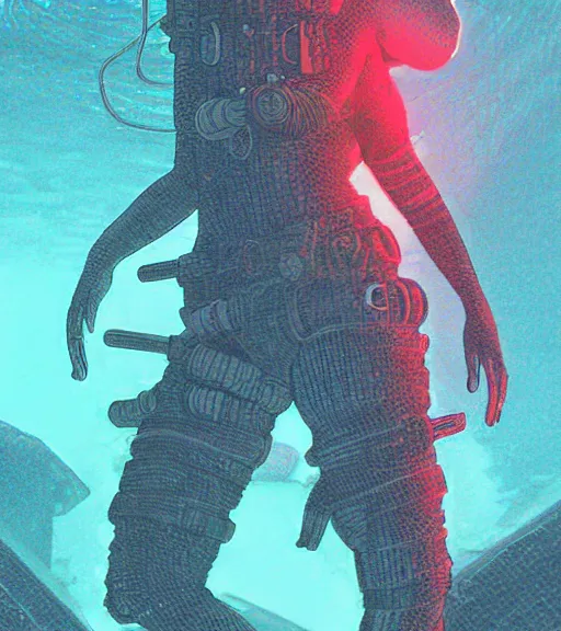 Image similar to a cyberpunk diver Polynesian woman swims through a dark bioluminescent alien coral reef, techwear, Industrial Scifi, detailed illustration, character portrait, by Martin Grip and Moebius