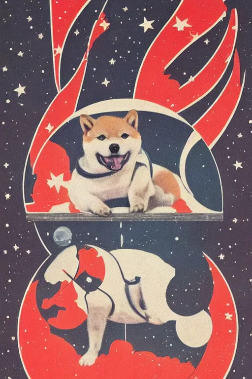 Image similar to Shiba Inu cosmonaut portrait, moon mission, 60s poster, 1968 Soviet Japanese