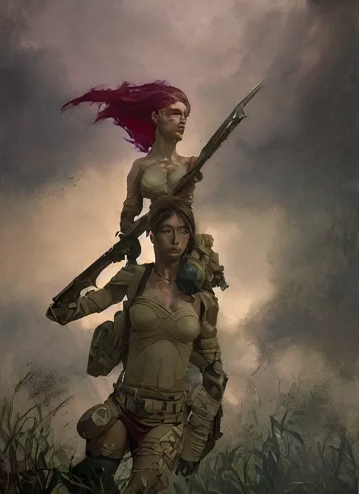 Image similar to hyper realistic painting of fantasy soldier girl, full body, rule of thirds, conceptart, saturated colors, cinematic, greg rutkowski, brom, james gurney, mignola, craig mullins, alan lee