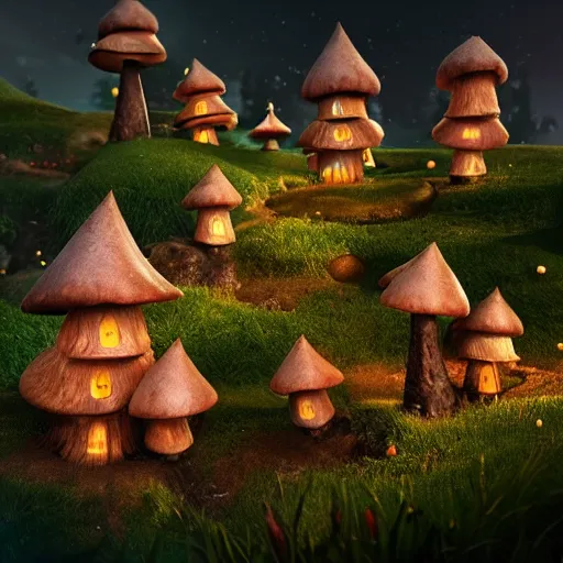 Prompt: mushroom houses with gnomes working the gardens, fantasy, epic landscape, black forest region, cinematic, octane render, art station, dramatic lighting, beautiful moonlight night, concept art, rococo, photorealistic, intense detail, 8 k