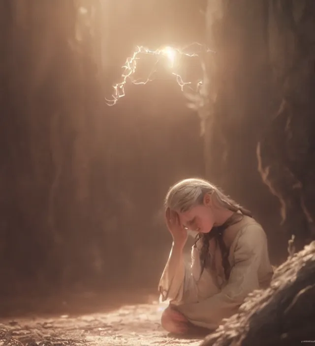 Prompt: portrait of a female magic elf on her knees, looking up, praying for her life, d & d, movie still frame, hd, remastered, film grain, cinematic lighting