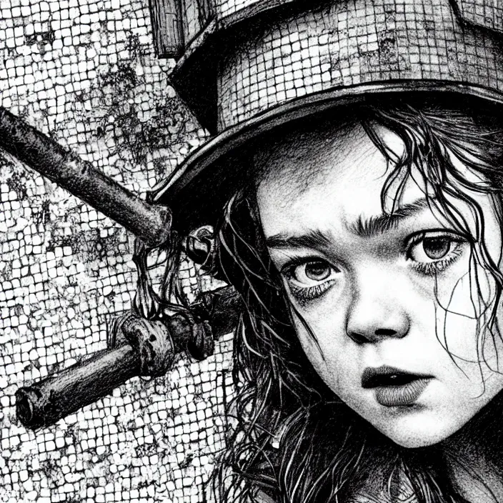 Prompt: extreme close - up on sadie sink as a miner who raises stale bread. background : black tiles on walls. black and white, pencil and ink. by gabriel hardman, joe alves, chris bonura. cinematic atmosphere, detailed and intricate, perfect anatomy