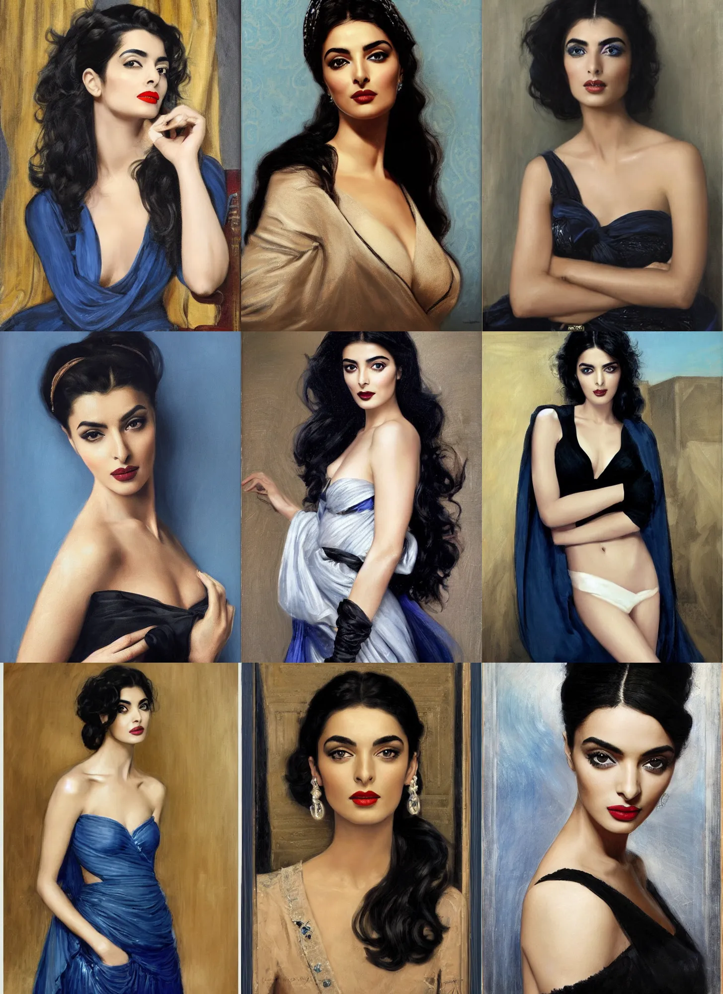 Prompt: greek ameera al taweel, blue eyes, wavy black hair, seductive, beautiful by john maler collier