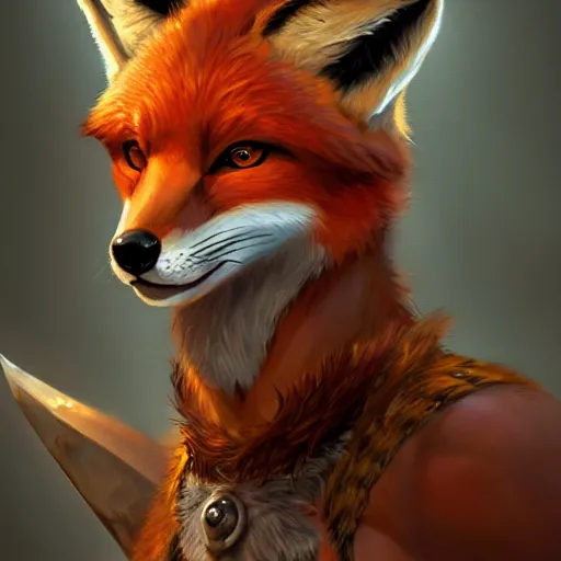 Image similar to portrait of a very cute fursona fox barbarian, muscular, wild, d & d, fantasy, intricate, cinematic lighting, highly detailed, digital painting, artstation, concept art, smooth, sharp focus, illustration, art by hajime sorayama