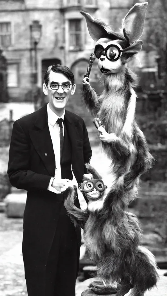 Image similar to jacob rees - mogg with mogwai from the film gremlins