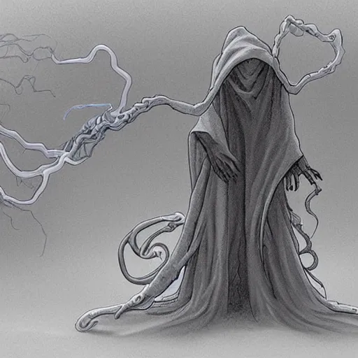 Prompt: concept designs for an ethereal ghostly wraith like figure made from electrical currents resembling a plasma lamp with a squid like parasite latched onto its head and long tentacle arms that flow lazily but gracefully at its sides like a cloak while it floats around a frozen rocky tundra in the snow searching for lost souls and that hides amongst the shadows in the trees, this character has hydrokinesis and electrokinesis for the resident evil village video game franchise with inspiration from the franchise Bloodborne and the mind flayer from stranger things on netflix in the style of a marvel comic