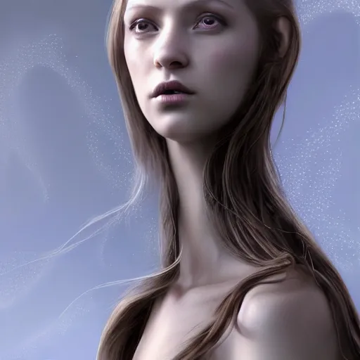 Image similar to A young beautiful female angelic-extraterrestrial-cyborg face with a very long neck, big detailed luminous eyes, thin nose, big lips, hair floating in the wind, Realistic, Refined, Digital Art, Pre-Raphaelite, Highly Detailed, Cinematic Lighting, rim light, dramatic, contrasted black and white, photo-realistic Unreal Engine, 8K