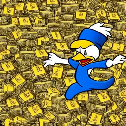 Prompt: Scrooge McDuck jumping into a pool of Bitcoin