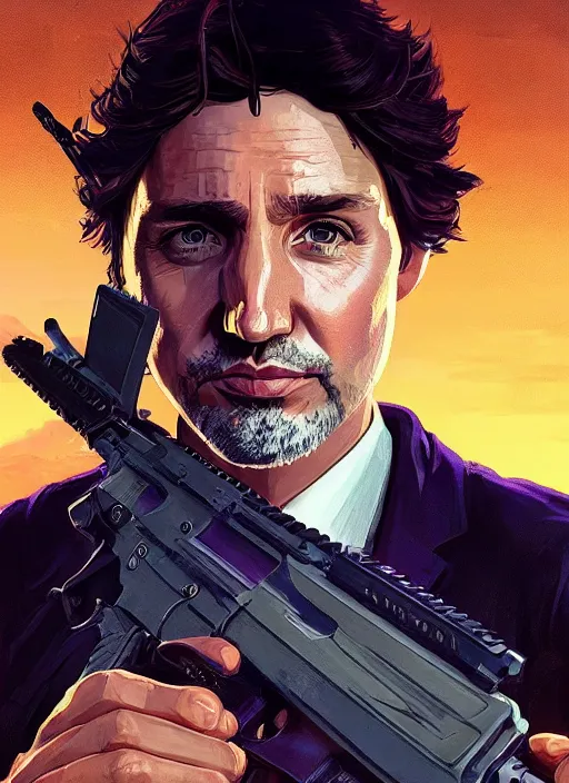 Image similar to highly detailed portrait justin trudeau in street gang attire holding ar - 1 5! in gta v stephen bliss unreal engine fantasy art by greg rutkowski loish rhads ferdinand knab makoto shinkai lois van baarle ilya kuvshinov rossdraws tom bagshaw global illumination radiant light detailed intricate environment