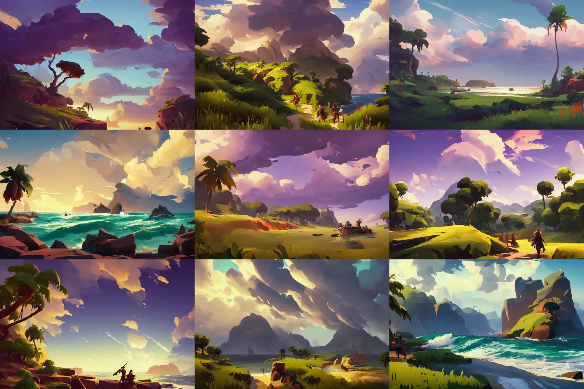 Prompt: landscape painting by sargent painting treasure on sea of thieves game smooth median photoshop filter cutout vector, behance hd by jesper ejsing, by rhads, makoto shinkai and lois van baarle, ilya kuvshinov, rossdraws global illumination adove low clouds sky image overcast