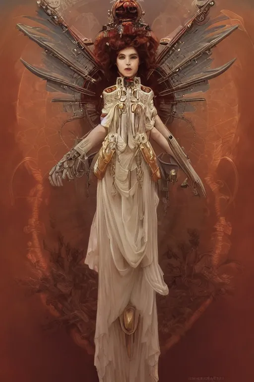 Image similar to Portrait of beautiful pale steampunk mechanical angelic maiden warhammer 40000, cinematic red lighting, intricate, elegant, highly detailed, digital painting, artstation, smooth, sharp focus, illustration, art by artgerm and greg rutkowski and zdislav beksinski and alphonse mucha and Wayne Barlowe and william-adolphe bouguereau