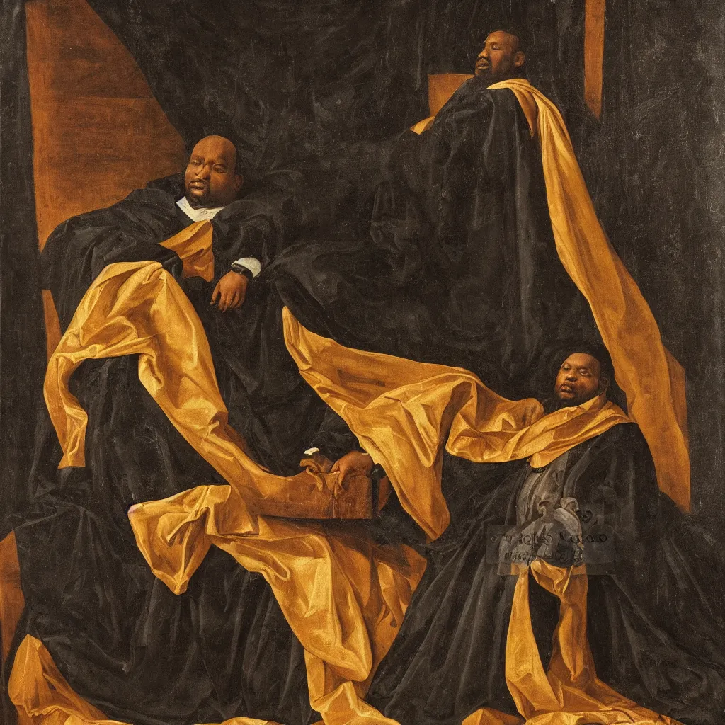 Image similar to Large black man sitting on throne wrapped in silk, background made of large folding curtains, dimly lit, dark, renaissance painting, style of carrivagio