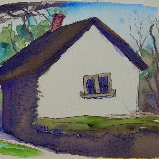 Image similar to a watercolor and ink painting of a cottage, drawn on white parchment paper