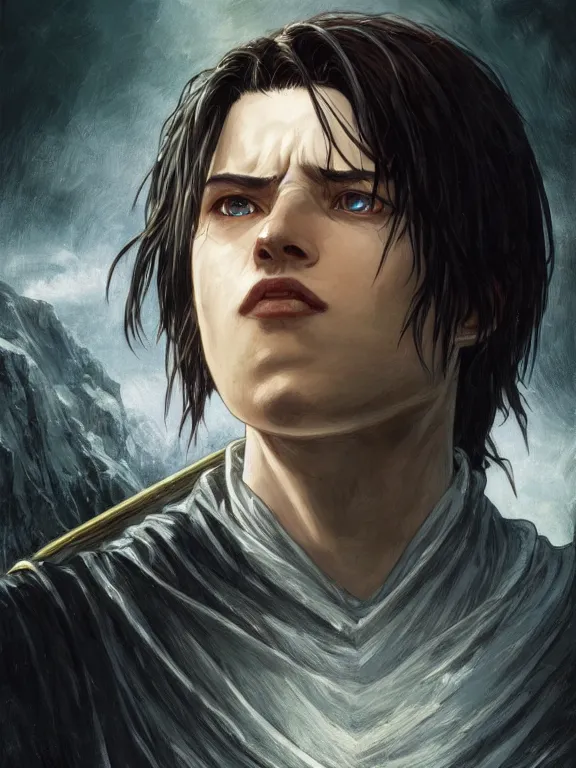 Image similar to levi ackerman, the lord of the rings, hyper detailed,, 8 k realistic, trending in artstation, digital painting, studio quality, cryengine, frostbite 3 engine, character design, smooth, sharp focus, art by artgerm and greg rutkowski and alphonse mucha and ian sprigger and wlop and krenz cushart