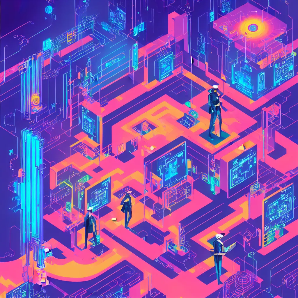 Image similar to illustration of a data-center architecture or schema, security agent with black hat, datastream or river, painting by Jules Julien, Leslie David and Lisa Frank and Peter Mohrbacher and Alena Aenami and Dave LaChapelle muted colors with minimalism