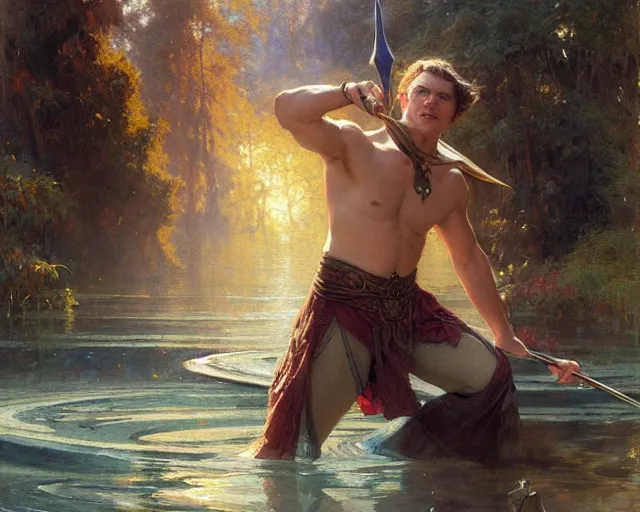 Image similar to attractive wizard casting water spell in a beautiful lake. highly detailed painting by gaston bussiere, craig mullins, j. c. leyendecker 8 k