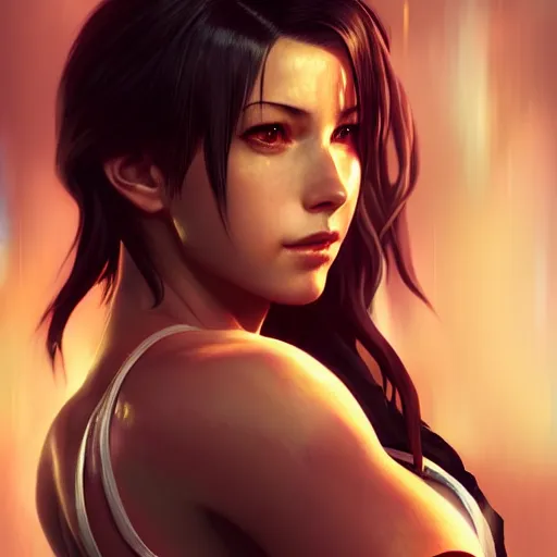Image similar to Seductive, riveting Tifa Lockhart portrait, atmospheric lighting, painted, intricate, golden hour, ultra detailed by Leesha Hannigan, Ross Tran, Thierry Doizon, Kai Carpenter, Ignacio Fernández Ríos