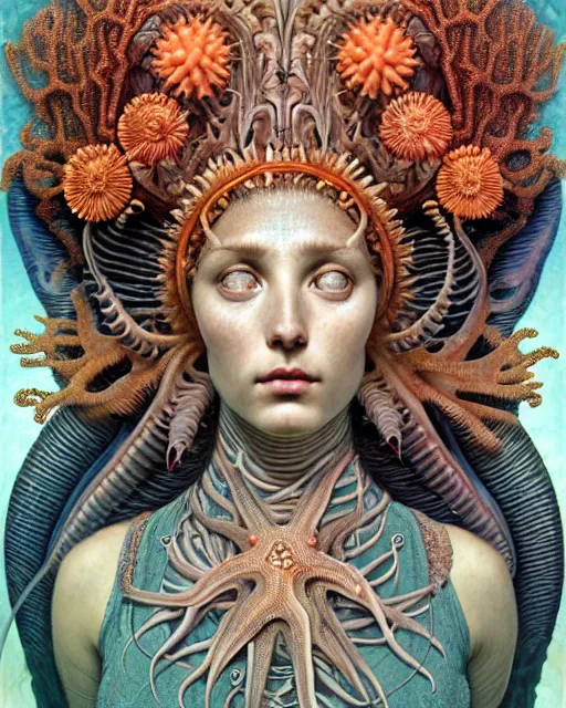 Image similar to hyperrealistic detailed underwater face portrait of the beautiful goddess of the fish skeletons with an intricate headgear of corals, sea kelp, sea plants, fish, starfish, jellyfish, art by ernst haeckel, john william godward, android jones, alphonso mucha, h. r. giger, gothic - cyberpunk, ornamental, beautiful deep colours,