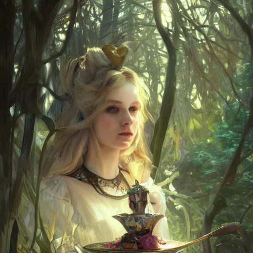 Image similar to close up portrait of alice in wonderland, magical forest, dramatic lighting, high detail, painted, by greg rutkowski, painted by stanley artgerm, painted by alphonse mucha, trending on artstation