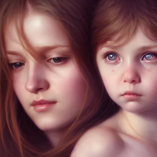 Prompt: pure love is patient love is kind, mother and child ; photorealistic oil painting by charlie bowater and mark brooks ; highly detailed cute faces by wlop ; trending on artstation ; 8 k high resolution, symmetrical, cinematic, high coherence, golden ratio, rule of thirds, perfectly centered anatomically accurate portraits