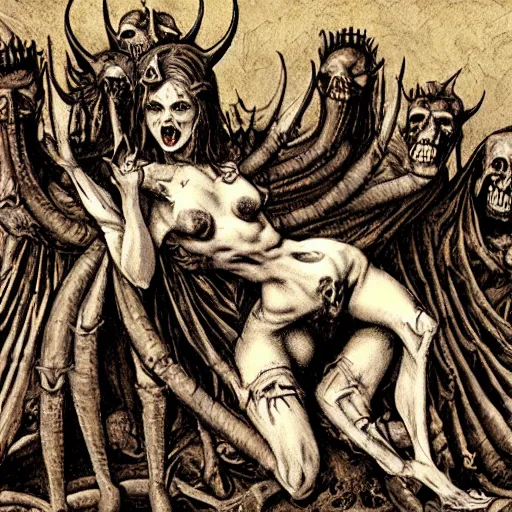 Image similar to the succubus sitting on her throne of bones and twisted souls grinning maniacally at her tortured subjects in hell, Dante's inferno.