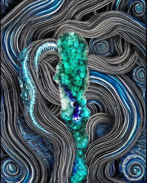 Image similar to a photo of a multi faceted blue and emerald and amethyst crystal geode formation with epic black and white smoke snake wrapped around it with liquid gold tendrils by jean pierre roy by stanisław szukalski by beeple, octane render, recursive, tendrils, tessellation, elestial crystals, geode, refracted light