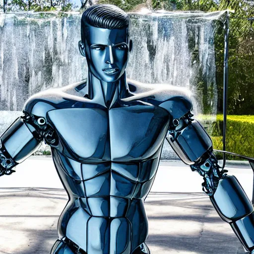 Image similar to made of ice, a realistic detailed photo of a guy who is an attractive humanoid who is half robot and half humanoid, who is a male android, on display, blank stare, showing off his muscles, shiny skin, posing like a statue, by the pool, frozen ice statue, twitch streamer / gamer ludwig, humanoid robot