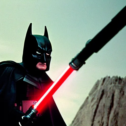 Image similar to hd photograph movie still of batman wielding a red lightsaber in star wars 2 0 0 5