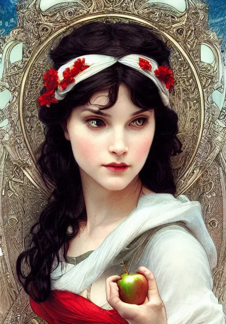 Image similar to snow white and apple, intricate, elegant, highly detailed, digital painting, artstation, concept art, smooth, sharp focus, illustration, art by artgerm and greg rutkowski and alphonse mucha and william - adolphe bouguereau