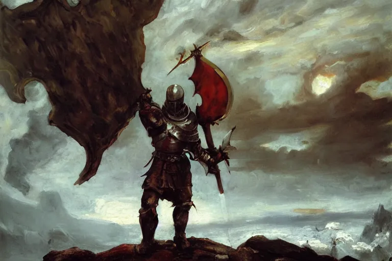 Image similar to landscape, realistic painting image about a templar knight with one mechanical hand carrying a fire sword, wielding it at the berserk ice dragon. dramatic scene, realism, created by gustave courbet and michaelangelo, trending in artstation, fine art, smooth draw with oil painting.