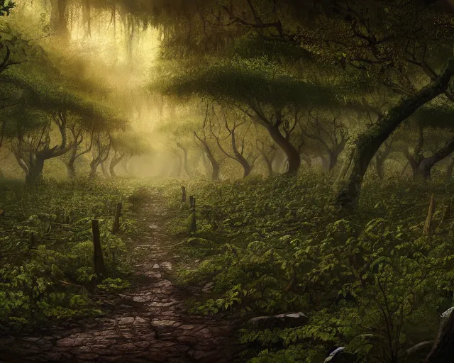 Image similar to A sparse forest, path leading to far away, overgrown with thick and rich vines, digital art, trending on Artstation, matte painting, detailed, HD, 4k