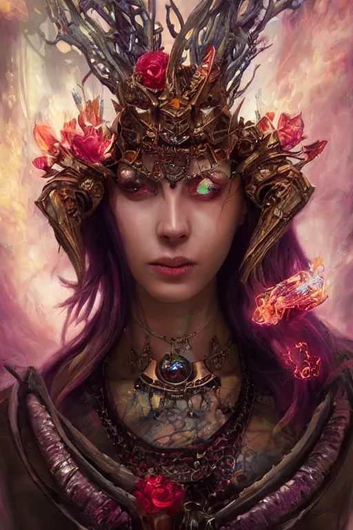 Image similar to beautiful demon model wearing crystal crown full of jewels and blood electricity, warhammer, cyberpunk, 3 d render, hyper realistic detailed portrait, holding fire flowers, scifi, fantasy, hyper detailed, octane render, concept art, peter mohrbacher, artgerm, ruan jia, wlop