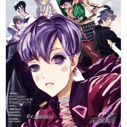 Image similar to Magazine Cover Anime key visual of a Gucci girl; official media; typography; drawn by Hirohiko Araki; Jojo's Bizarre Adventure; Jojolion, portrait, made by Stanley Artgerm Lau, WLOP, Rossdraws, James Jean, Andrei Riabovitchev, Marc Simonetti, Yoshitaka Amano, ArtStation