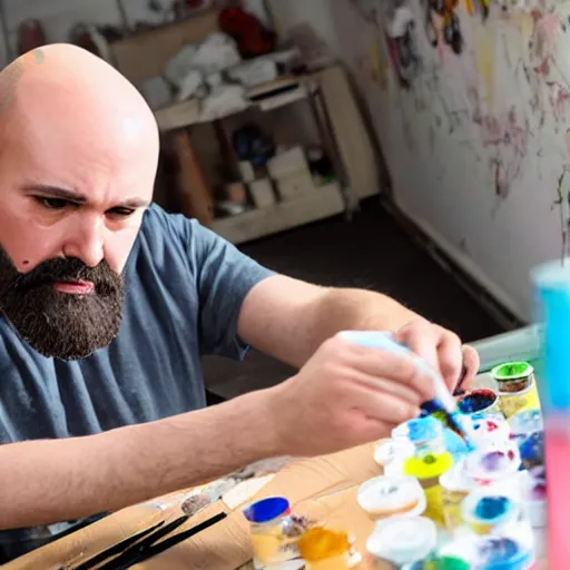 Image similar to a bald man with a beard meticulously painting an anime girl figurine in his basement