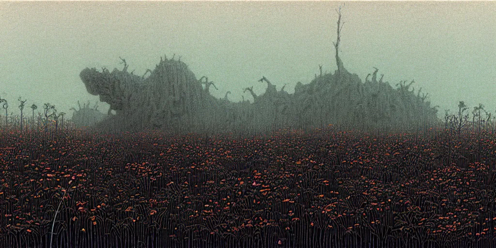 Prompt: grainy risograph matte painting, gigantic huge mech covered with wounds, black, a lot of exotic vegetation, trees, flowers, tall grass, pastel matte colors, staying in the foggy huge dark ballet school covered with web and cotton and a lot of glow - worms, by moebius, hyperrealism, intricate detailed