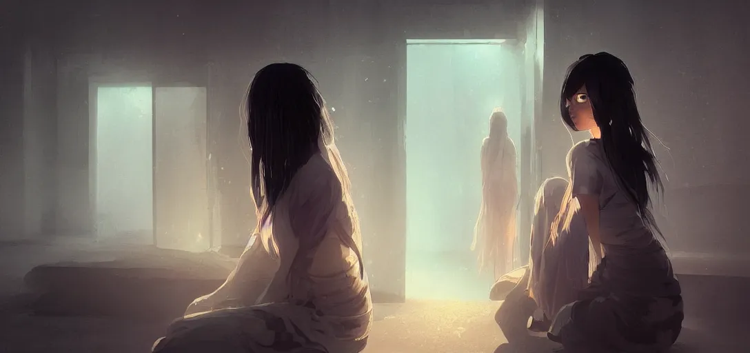 Prompt: Young Himalayan woman waiting by a door | night time scene, plain walls | white eyes, long messy hair | somber lighting, futuristic, dim lighting, digital art by Makoto Shinkai ilya kuvshinov and Wojtek Fus, digital art, concept art,