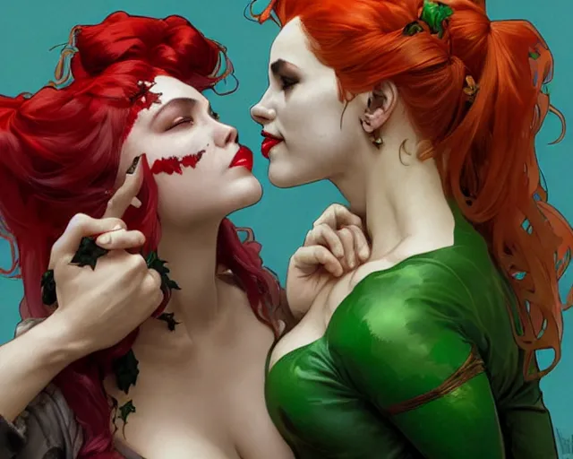 Prompt: poison ivy and harley quinn smooching, digital painting, trending on artstation, by artgerm and greg rutkowski and alphonse mucha