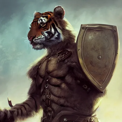 Image similar to commission portrait of a fit male anthro tiger holding a shield and wearing armour,character design by charles bowater,greg rutkowski,ross tran,hyperdetailed,hyperrealistic,4k,deviantart,artstation,professional photography,concept art