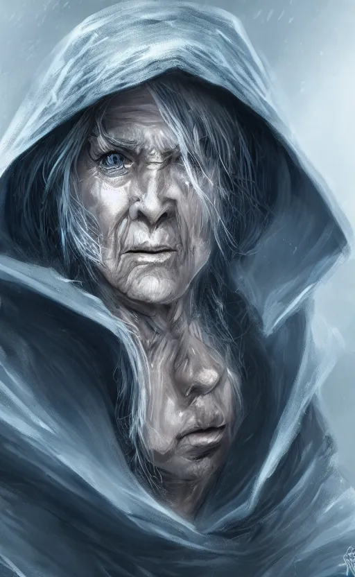 Image similar to an older woman with silver hair and piercing blue eyes. she's wearing a dark, hooded cloak and looks like she knows her way around a sword, dynamic lighting, photorealistic fantasy concept art, trending on art station, stunning visuals, creative, cinematic, ultra detailed