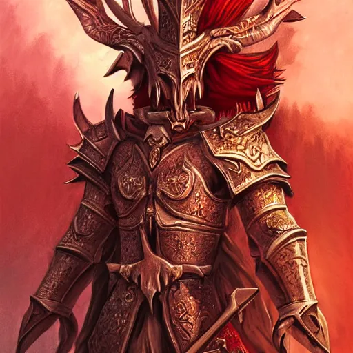 Prompt: blood paladin, fantasy art, located in a castle, legendary spiky armor, red sunlight through the window, decorated, high quality, highly detailed,