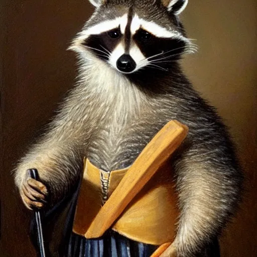 Prompt: A raccoon wearing formal clothes, wearing a tophap and holding a cane. The raccoon is holding a garbage bag. Oil painting in the style of Rembrandt