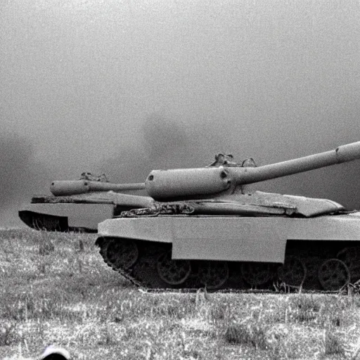 Image similar to flash photograph of russian tanks, accompany by soviet infantry squad, 1985, creepy, haunted, fog, atmospheric, vintage photo