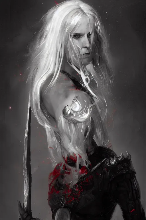 Image similar to 4k HD digital full body portrait of Elric of Melibourne, long white hair, black paper, Long black sword with red glowing runes, by Bastien Deharme, Craig Mullins, Marc Simonetti, trending on Artstation