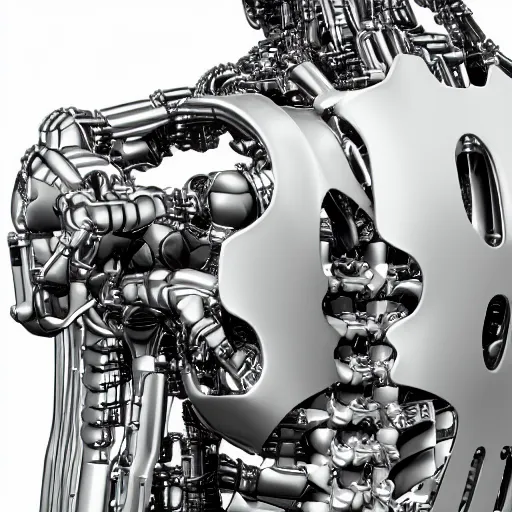 Prompt: upper back closeup of a complex chromium cybernetic endoskeleton in a white room : : highly detailed : : transparent armor