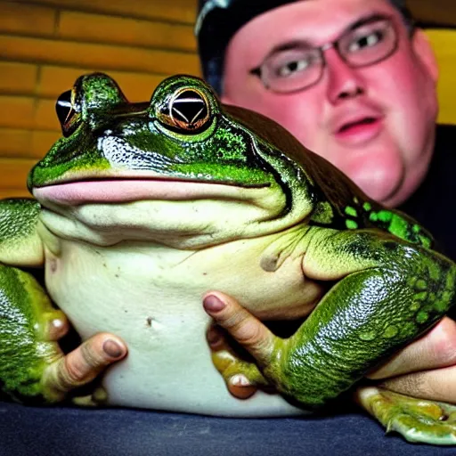 Image similar to fat man holding worlds largest fat frog which is screaming