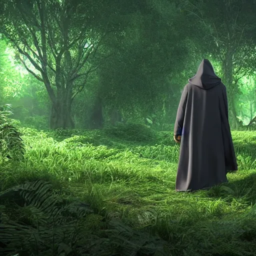 Image similar to a man wearing a long cloak and hood, walking through a lush jungle, realistic octane render, ray traced, god rays, extremely high detail