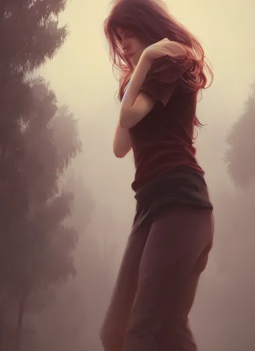 Image similar to handsome young women with shoulder length brown hair, smoke, foggy, half body shot, path traced, highly detailed, high quality, digital painting, alena aenami, lilia alvarado, shinji aramaki, karol bak, alphonse mucha, tom bagshaw